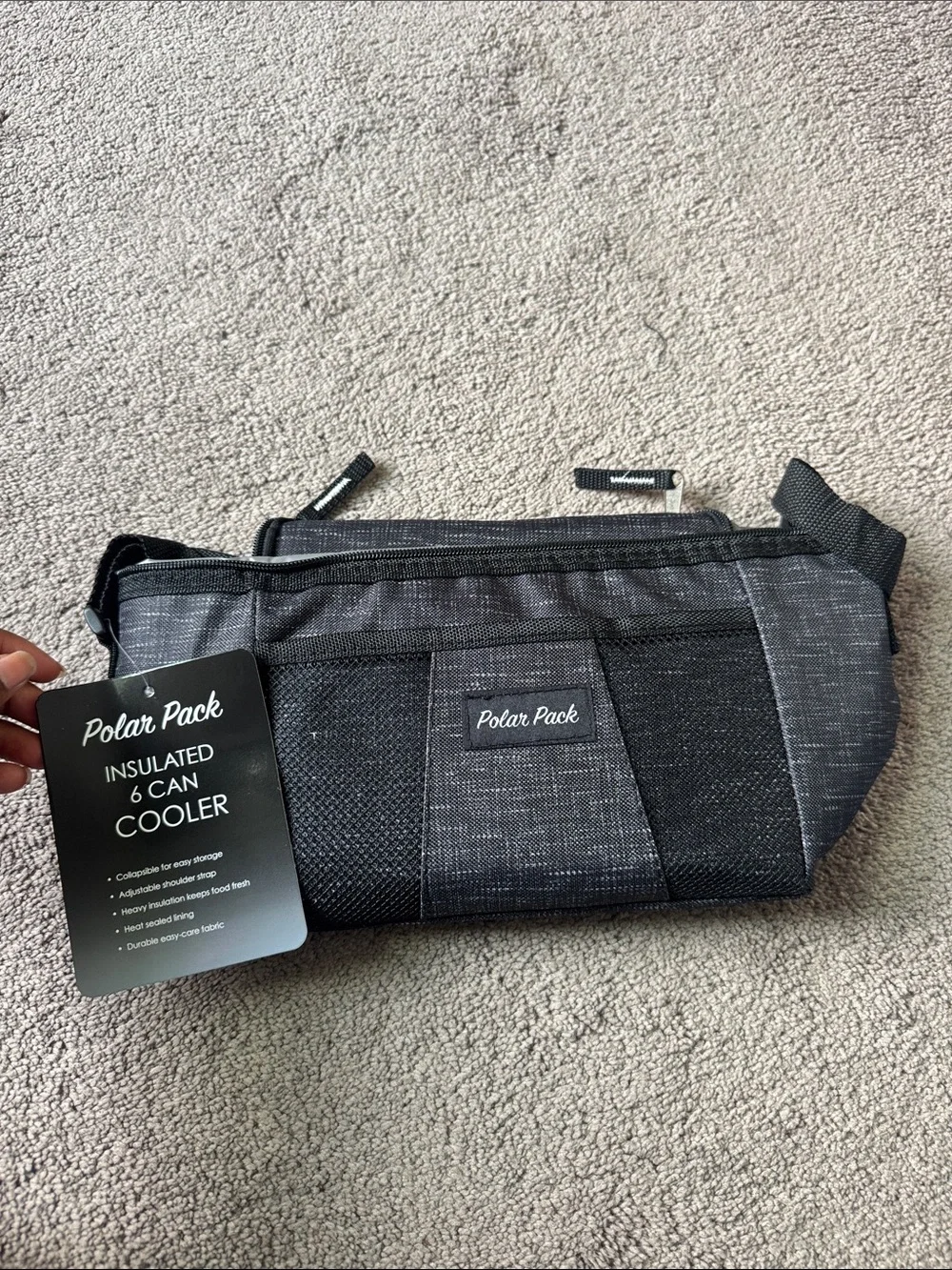 Polar Pack Insulated 6 Can Cooler Lunch Bag Black Gray Portable Tote